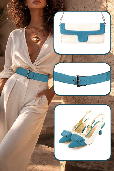 Women's peacock blue and off white elegant slingback heels, with a bow on the front. Tapered toe. Medium spool heels - Worn view